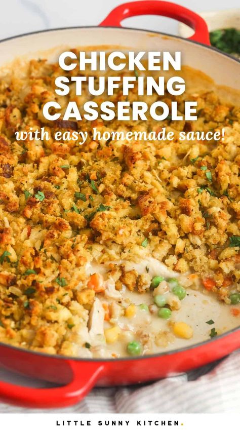 Easy Chicken Stuffing Casserole made without condensed soup is a tasty family favorite dinner recipe, and ready to eat in 45 minutes. Perfect for busy weeknights! Canned Chicken Dinner Ideas, Plain Chicken Recipe, Chicken Stuffing Casserole, Little Sunny Kitchen, Chicken Stuffing, Chicken Drumstick, Chicken Casserole Easy, Sunny Kitchen, Comfort Casseroles