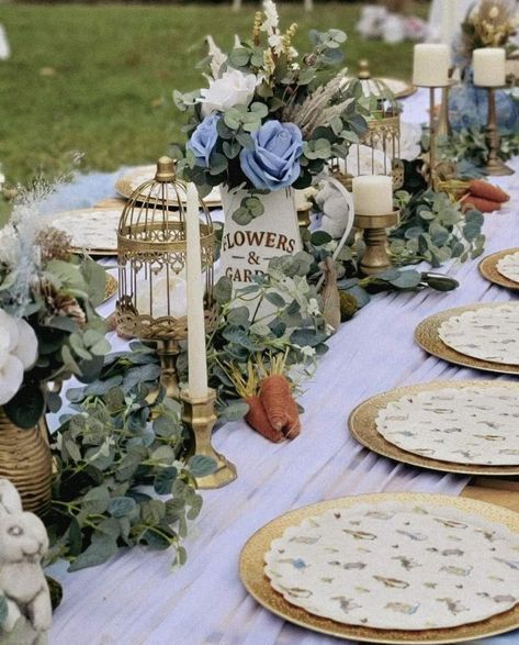 Peter Rabbit Picnic, Peter Rabbit Baby Shower Centerpieces, Peter Rabbit Tablescape, Peter Rabbit Diaper Cake, Peter Rabbit Shower Ideas, Peter Rabbit Tea Party, Peter Cottontail Baby Shower Ideas, Peter Rabbit Centerpiece Ideas, Vintage Peter Rabbit Baby Shower Ideas