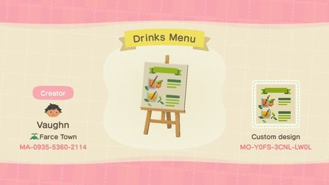 Juice Stand & Menu Patterns Acnh Motifs, Acnh Tips, Acnh Idea, Juice Stand, Drink Menu Design, Animal Crossing Qr Codes, Acnh Patterns, Motif Acnl, Animals Crossing