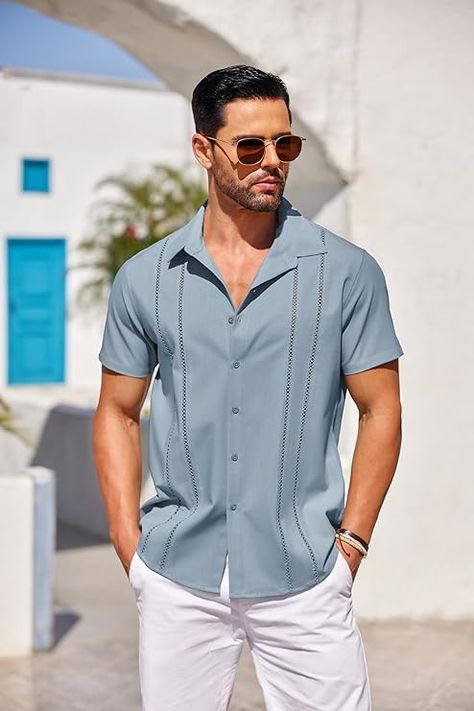 COOFANDY Men's Cuban Guayabera Shirt Short Sleeve Button Down Shirts Casual Summer Beach Linen Shirts Mens Guayabera Shirts, Cuban Guayabera, Summer Linen Shirt, Cuban Shirt, Beach Outfit Men, Men's Wedding Outfit, Cuban Shirts, Guayabera Shirt, Men's Formal Style