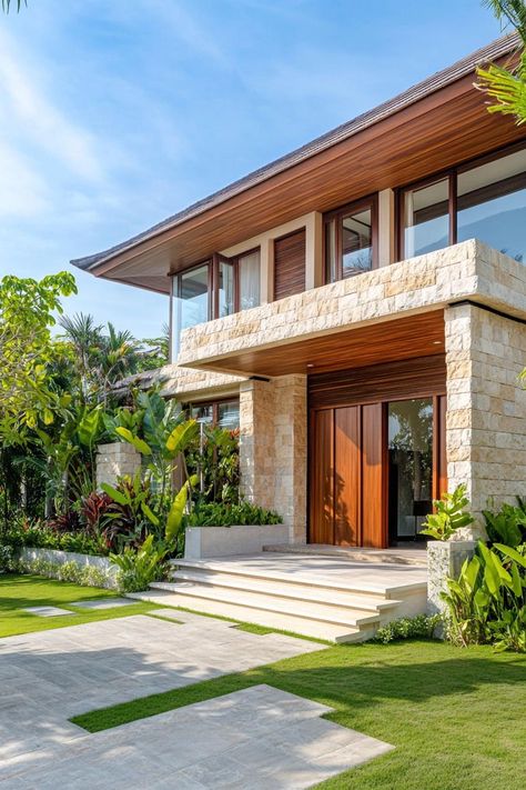 Modern house frontal view sale and stone tile siding high wooden front door large eaves with natural wood front steps yard with grasscrete. See how modern tropical houses blend paradise with sleek design to create stunningly cool hideaways. 2 Storey House Design Modern, Modern Tropical House Facade, Wood Front Steps, Modern Home Front Yard, Tropical Home Exterior, Modern Filipino House, Pool Bar Design, Modern House Architecture, Wooden Front Door