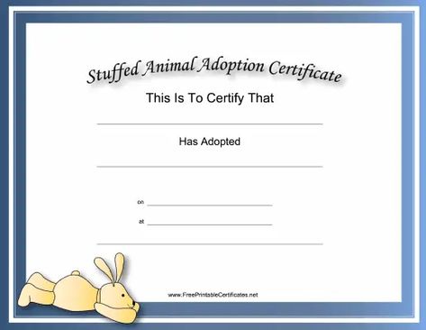 This free, printable, stuffed animal adoption certificate is great for rabbit lovers. It has a picture of a toy bunny and a bright blue border. Free to download and print Stuffed Animal Adoption Certificate, Stuffed Animal Adoption, Animal Adoption Certificate, Adoption Certificate Template, Academic Certificate, Dog Adoption Certificate, Brownie Crafts, Pet Adoption Certificate, Kindergarten Party