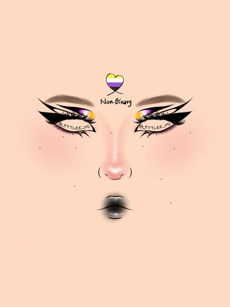 Maquillaje inspirado en bandera de género no binario Pride Gothic Makeup, Masculine Pride Makeup, Pride Themed Makeup, Nonbinary Eyeliner, Pride Makeup Nonbinary, Non Binary Flag Makeup, Alt Pride Makeup, Nonbinary Makeup Pride, Non Binary Makeup Looks