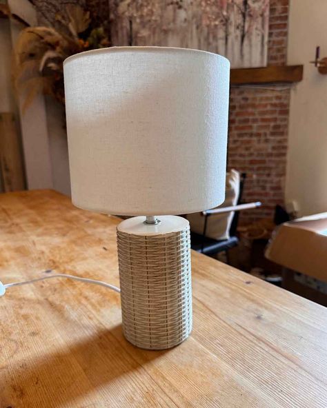 Upcycled lamp using wood dowels. Upcycle Lamp, Pleated Lampshade, Battery Lamp, Lamp Makeover, 20 Dollars, College Town, Lamp Base, Image House, Ikea Hack