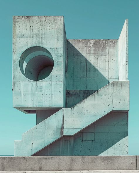 Geometric Shapes and Brutalist Architecture Hotel Passage Design, Brutalist Color Palette, Modern Brutalist Architecture, Modern Brutalism, Brutalist Interior Design, Design With Geometric Shapes, Architecture Brutalism, Brutalist Interior, Fallout Concept Art