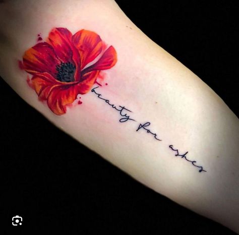 Poppy Tattoo With Words, August Flower Tattoo Ideas, Watercolor Poppies Tattoo, Poppy Shoulder Tattoos For Women, Red And Orange Flower Tattoo, Poppy Flower Tattoo Meaning, Red Poppies Tattoo, Realistic Poppy Tattoo, Poppy Memorial Tattoo