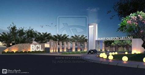 Cluster Gate BCL Main by vaD-Endz on DeviantArt Landscape Entrance, Gate Perumahan, Roof Terrace Design, Zaha Hadid Architecture, Gate Wall Design, Entrance Gates Design, Aircraft Interiors, Sloped Garden, Minimal House Design