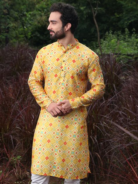 Mustard Yellow Printed Kurta – The Kurta Company Printed Kurta For Men, Patola Print, Kurta For Men, Men's Kurta, Festive Look, Ethnic Print, Yellow Print, Kurta Designs, Wedding Wear