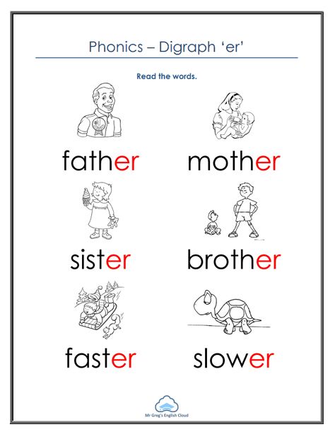 Phonics Worksheets - Mr Greg's English Cloud Er Sound Worksheet, Er Worksheets, Kids Vet Clinic, Er Words, Speaking Cards, Kindergarten Homework, Kindergarten Phonics, Kindergarten Phonics Worksheets, Phonics Posters