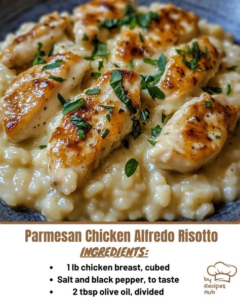 Parmesan Chicken Alfredo Risotto Chicken With Risotto Dinners, Chicken Parmesan Risotto, Chicken Broccoli Risotto, Rissoto Chicken Recipes, Parmesan Risotto Recipes, Chicken And Risotto Recipes, Alfredo Risotto, Chicken Risotto Recipes, Risotto And Chicken