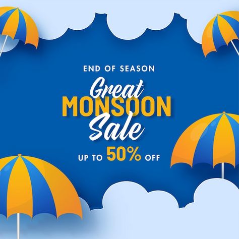 Great monsoon sale poster design with 50... | Premium Vector #Freepik #vector #promotion-poster #offer-poster #discount-poster #sale-template Blue Clouds Background, Monsoon Clothing, Sale Poster Design, Clouds Background, Seasons Posters, Blue Umbrella, Colorful Umbrellas, Background Images Hd, Blue Poster