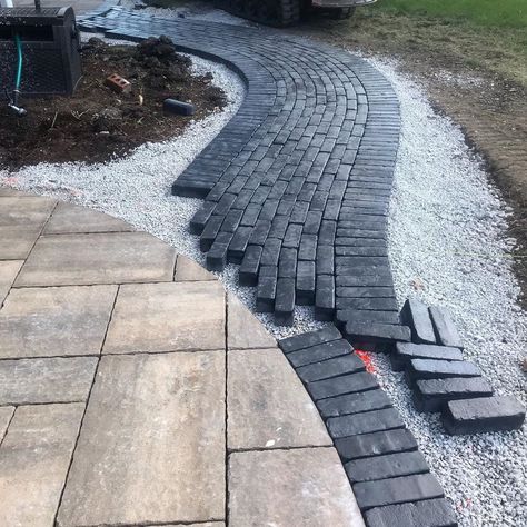 Elemental Landscapes Ltd.’s Instagram post: “Progress on the @unilock #bristol valley patio renovation in #Frankfort. The #black #copthorn is perfect #contrast for the #earthy…” Patio Renovation, Brick Sidewalk, Driveway Paving, Black Brick, Brick Pavers, Yard Ideas, Driveway, Be Perfect, Bristol