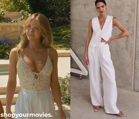 Anyone But You: Bea’s White Linen Pants Bea Anyone But You Outfits, Anyone But You Outfits Bea, Sydney Sweeney Anyone But You Outfits, Anyone But You Outfits, White Linen Pants, Sydney Sweeney, Black Leather Tote Bag, Pants Details, Black Leather Tote