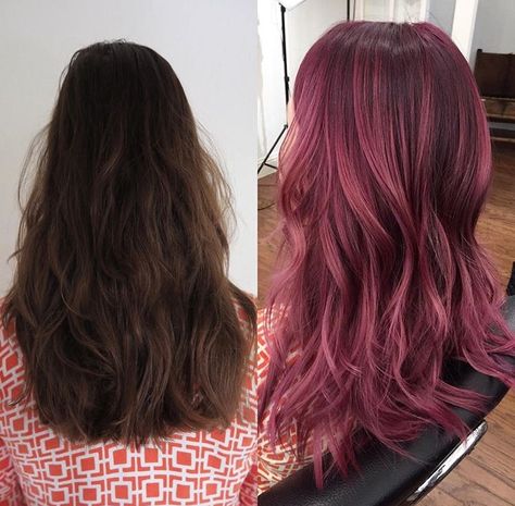 Rose Pink Brunette Hair, Dark Rose Hair Color, Sparkling Raspberry Hair Color, Pink Hair Dye Ideas Brunettes, Dark Dusty Pink Hair, Pink Hair On Brunette, Pink On Dark Hair, Dark Mauve Hair, Dark Pink Balayage