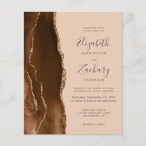 Budget Mocha Brown Gold Agate Tan Wedding Invite  Zazzle Blank Wedding Invitation Templates Cards, Blank Wedding Invitation Templates, Blank Wedding Invitations, Brown Watercolor, Tan Wedding, Elegant Modern Wedding, Digital Invitations Wedding, Afternoon Wedding, Gold Wedding Theme