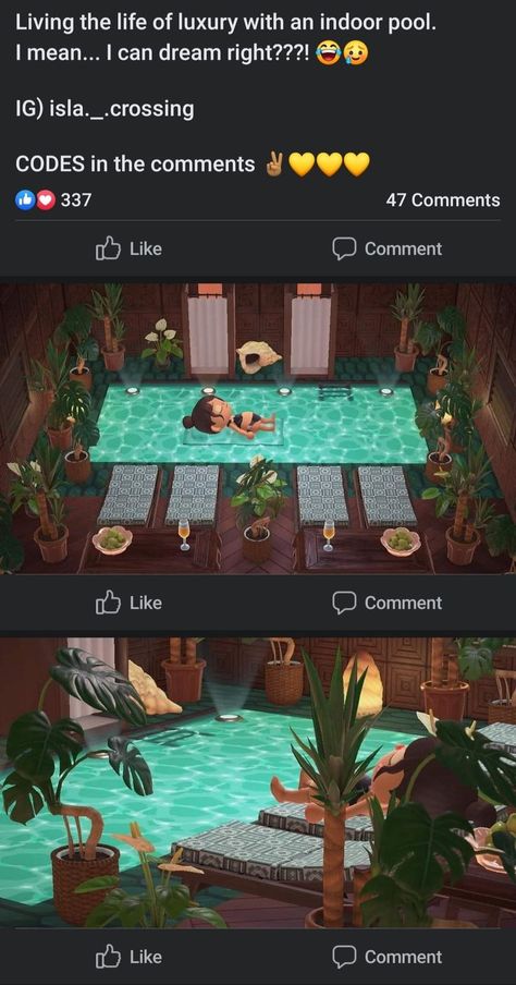 Acnh Tropical House Interior, Acnh Indoor Pool, Animal Crossing Glowing Moss Ideas, Glowing Moss Acnh Ideas, Acnh Ideas Island, Acnh Interior Designs, Acnh Island Inspirations, Acnh Pool, Acnh Beach Design Ideas