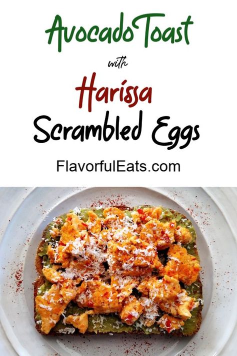 Avocado Toast with Harissa Scrambled Eggs is a healthy, delicious breakfast made with avocado-topped toast, harissa scrambled eggs, and a grating of some fresh cotija cheese. Scrambled Egg Recipes Healthy, Guacamole Cups, Healthy Delicious Breakfast, Lentils Recipes, Healthy Make Ahead Breakfast, Scrambled Eggs Recipe, Avocado Toast Egg, Yummy Healthy Breakfast, Breakfast Eggs