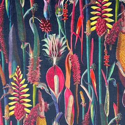 Eclectic Upholstery Fabric, Exotic Aesthetic, Curtain Velvet, Patio Party Decorations, Dark Tropical, Mini Oil Painting, Tropical Florals, Tropical Botanical, Hall Chair