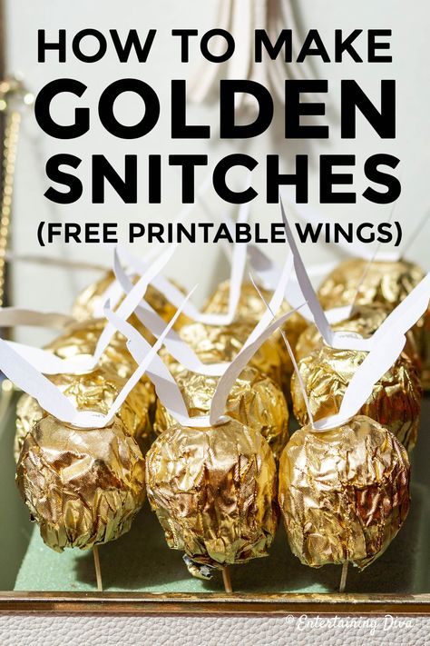 These DIY golden snitches are make great decorations or party favors for your Harry Potter party. With the free printable golden snitch wings and some Ferrero Rocher chocolates, these are really easy to do. #entertainingdiva #harrypotterparty #harrypotter #diyhalloween #diypartydecor #parties Diy Golden Snitch, Harry Potter Party Decor, Wizard Birthday Party, Harry Potter Candy, Harry Potter Party Decorations, Imprimibles Harry Potter, Harry Potter Halloween Party, Cumpleaños Harry Potter, Harry Potter Golden Snitch