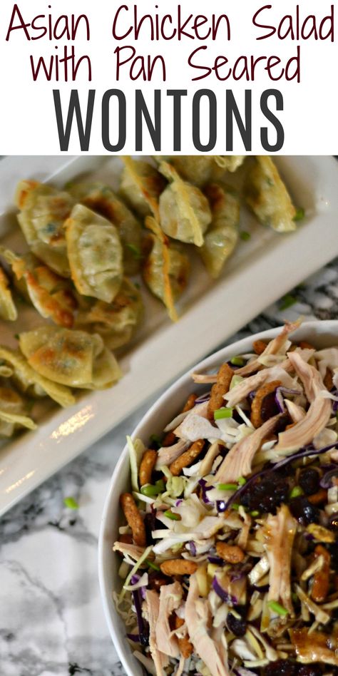 #ad These pan seared wontons and Asian chicken salad are perfect for a busy night and delicious! #asiansalad #wontons #bibigo #easydinnerrecipes Wonton Salad, Dinner Menu Planning, Asian Chicken Salad, Chicken Wontons, Asian Chicken Salads, Wonton Recipes, Quick Chicken Recipes, Easy Chinese Recipes, Asian Chicken