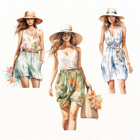 Summer Resort Outfit Clipart - Elegant Fashion Illustrations for Vacation & Beach Designs https://digitalduskyrose.etsy.com/listing/1725732081 🌞✨ Dive into the elegance of summer with our "Summer Resort Outfit Clipart Set" – the perfect collection to enhance your creative projects with a touch of sun, sand, and sophisticated style! Whether you're designing party invitations, updating your blog, or creating eye-catching graphics for your small business, our meticulously crafted clipart have ... Resort Wear Illustration Sketches, Resort Wear Illustration, Summer Wear Illustration, Summer Resort Outfits, Boulet Journal, Resort Outfit, Fashion Drawings, Beach Design, Instagram Summer