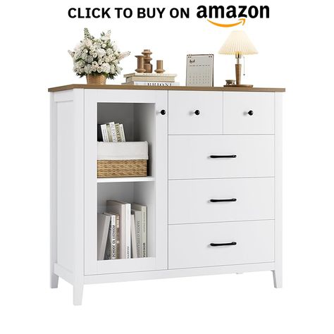 HOSTACK 5 Drawer Dresser with Glass Door, White Dresser for Bedroom, Modern Chest of Drawers with Shelves, Tall Dresser Wood Storage Cabinet for Bedroom, Living Room, White/Rustic Brown  #homedesign #homedecor #housedesign #housedecor #room #roomdecor #roomdesign #interior #design #home #house #furniture #decor #bedroom #kitchen #livingroom Storage Cabinet For Bedroom, Cabinet For Bedroom, Wood Storage Cabinet, Dresser Wood, Modern Chest Of Drawers, Door White, Dresser For Bedroom, 5 Drawer Dresser, Tall Dresser