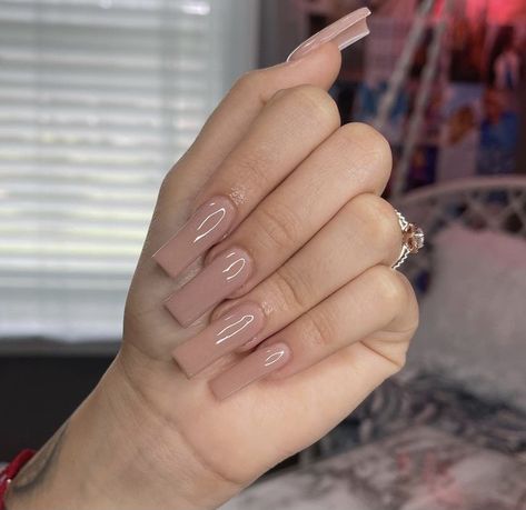 Long Square Acrylic Nails Plain Color, Long Plain Acrylic Nails Square, Long Square Gel X Nails, Plain Square Acrylic Nails, Plain Long Nails, Nude Tapered Square Nails, Nails Acrylic Square Long, Beige Acrylic Nails, Medium Size Nails