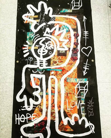 "This a Basquiat inspired art piece that's trying to speak subliminally to the world. Urbanart can be a game changer and is extremely important to me. This piece is a step outside the box and testing my boundaries . This piece is entitled, \"Heart on the Sleeve 24×48 Mixed Media on Loose Canvas -livnsol" Mixed Material Art, Art Inspiration Painting Canvas Ideas, Basquiat Inspired Art, Basquiat Inspired, Jm Basquiat, Cool Abstract Art, My Boundaries, Dope Art, Art Handmade