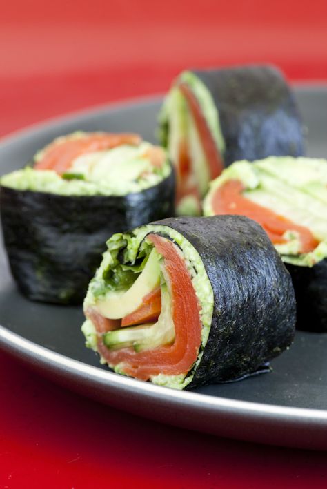 Smoked Salmon Nori Rolls made with Edamame Wasabi spread. Nori contains nutrients that support thyroid function and provide many other health benefits. | VibrantMethod.com Approved Avocado Rolls Sushi, Avocado Rolls, Nori Rolls, Bagel Toppings, Smoked Salmon Recipes, Healthy Version, Salmon Avocado, Sushi Recipes, People Watching