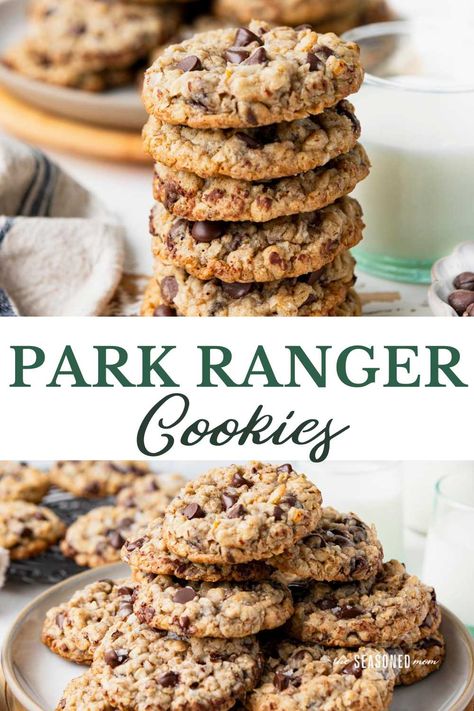 Thick, soft, and chewy, this is truly the best kitchen sink cookie recipe (aka "park ranger cookies")! With an oatmeal cookie base, the treats get their salty and sweet flavor from chocolate chips, raisins, pecans, Corn Flakes, coconut, and a sprinkling of flaky sea salt. Park Ranger Cookies, Oatmeal Kitchen Sink Cookies, Kitchen Sink Cookie Recipe, Corn Flake Cookies, Kitchen Sink Cookies Recipe, Ranger Cookies, Flake Recipes, Cornflake Cookies, Kitchen Sink Cookies