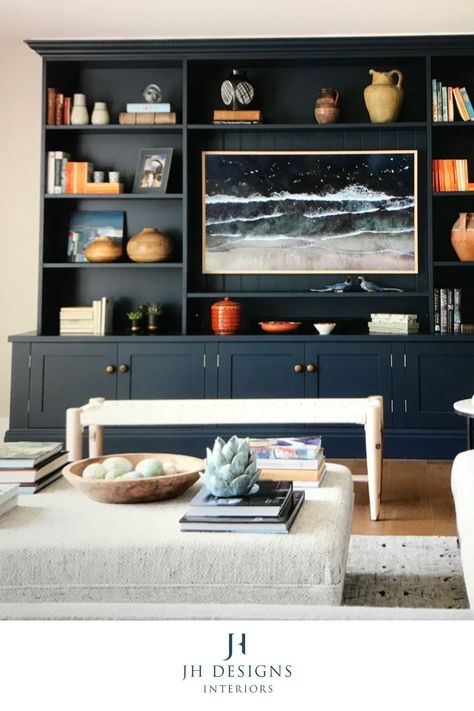 Living Room Built In Tv Wall, Book Case Wall With Tv, Built In Bookcase Tv Wall, Blue Tv Cabinet Living Room, Built In Bookcases With Tv, Tv In A Bookcase, Book Case With Tv, Blue Tv Room, Dark Blue Tv Room