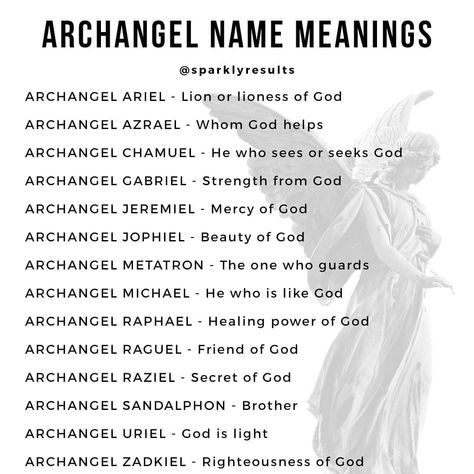 Archangel Name Meanings . . ❤🧡💛💚💙💜 🌌🐱🌌From my soul to yours, 🅕🅞🅛🅛🅞🅦 👉🏼@sparklyresults for daily inspirations.💜 . . . . . . .… Angelic Images, Angel Meaning, Angel Names, Archangel Raphael Healing, Archangels Names, Angel Guides, Archangel Raguel, Archangel Sandalphon, Archangel Azrael