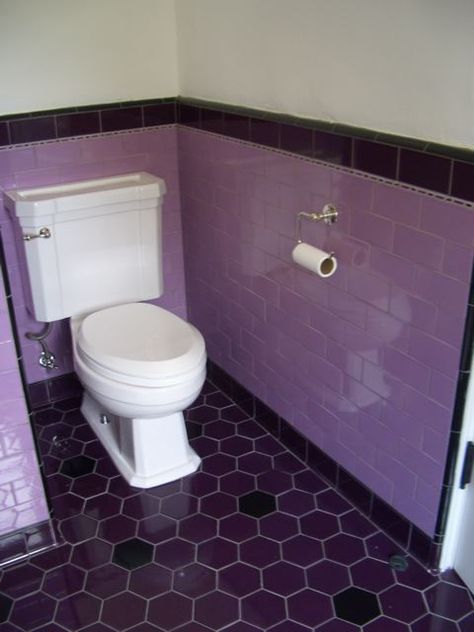 Purple Toilet Room, Purple Tiles Bathroom, Vintage Purple Bathroom, Lavender Tile Bathroom, Purple Grout, Purple Tile Bathroom, Purple Bathroom Tile, Lavender Tile, Purple Tiles