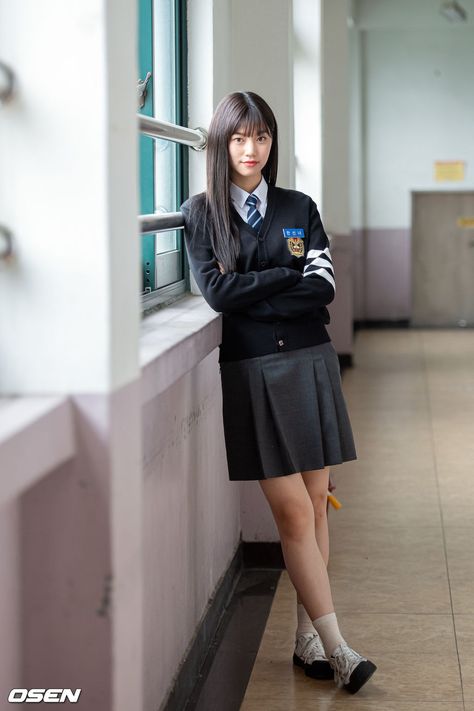 200628 Press Pop Out Boy filming site behind Korean Uniform School, Korean Uniform, Student Uniform, Korean School, Korean Student, Women Wearing Ties, Kim Doyeon, School Uniform Fashion, School Uniform Outfits