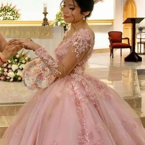 Angelsbridep Pink Long Sleeves Ball Gown Quinceanera Dresses Vestidos De 15 Anos Lace Appliques Lace Quinceanera Dresses, Tulle Pattern, Pink Quinceanera Dresses, Pink Quinceanera, Quinceanera Dresses Pink, Decoration Flowers, Pearl Decorations, Flowers Decoration, Prom Long