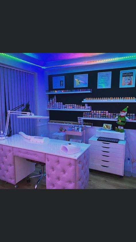 Nail Tech Studio Ideas, Purple Nail Room, Nail Suite Ideas, Nail Shed, Nail Studio Ideas Small Spaces, Nail Rooms, Nail Setup, Nail Suite, Home Nail Salon Ideas