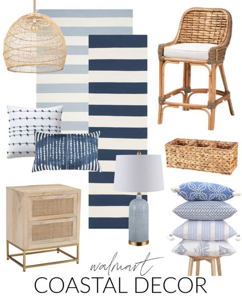 Walmart Coastal Decor, Ikea Coastal Decor, Blue And White Living Room Coastal, White And Blue Beach House, Coastal Counter Stools, Coastal Industrial Decor, Coastal Apartment Decor, Coastal Cushions, Woven Counter Stool