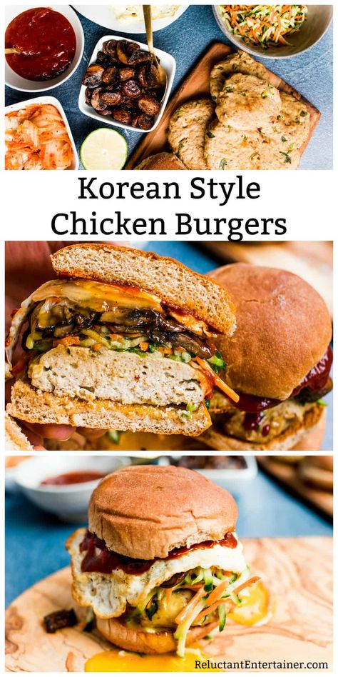 Korean Style Chicken Burgers with Gochujang apricot sauce #chickenburger #koreanburger #Gochujangsauce Cheeseburger Recipes Homemade, Best Homemade Burgers, Grilled Burger Recipes, Chicken Burgers Recipe, Burger Seasoning, Homemade Hamburgers, Homemade Burgers, Homemade Beef, Family Dinner Recipes