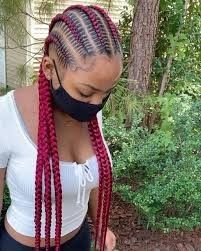 Burgundy Feed In Braids Cornrows, Red Stitch Braids Cornrows, Stitch Braids Red Hair, Burgundy Straight Back Feed In Braids, Red Feed In Braids Cornrows, Red Cornrows Braids, Red Dutch Braids, Burgundy Stitch Braids, Red Cornrows Braids Black Women