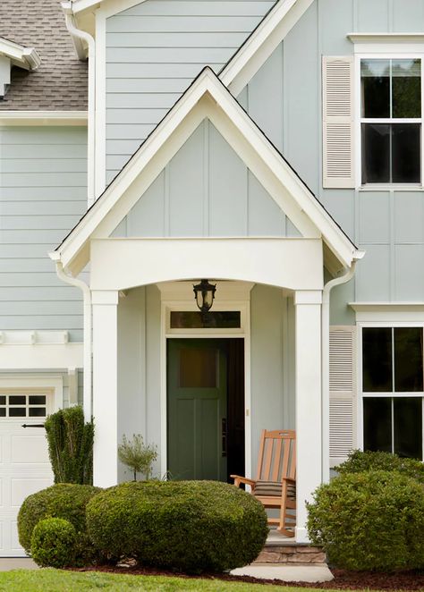 Light Gray Exterior House Colors, Blue Grey Exterior House Colors, Blue Gray Exterior House Colors, Light Blue House Exterior, Light Gray Exterior, Gray Exterior Paint, Greens And Neutrals, Light Blue Houses, Grey Exterior House Colors