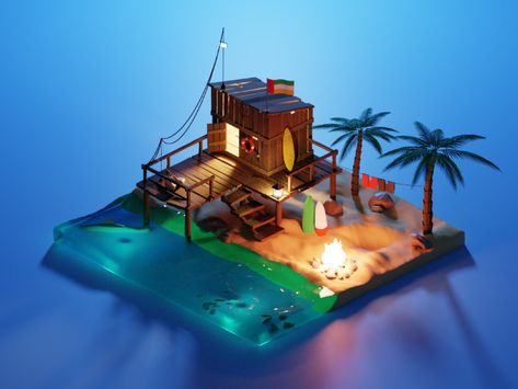 Beach Hut Night Scene by Brian Moon 🌙 on Dribbble Blender 3d Diorama, Blender Night Scene, 3d Scene Design, Isometric Beach, Isometric Apartment, Blender 3d Art, Cube World, 3d Scene, Rumah Minecraft