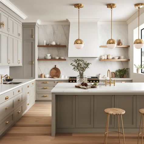 The top new interior design trends for 2024 Contemporary Kitchen Colors, Neutral Kitchen Island Colors, Natural Tone Kitchen, Transitional Interior Design Kitchen, New Construction Home Interior, Toupe Colored Kitchen, Best New Kitchens, Modern Light Kitchen Design, Kitchen Esthetics Ideas