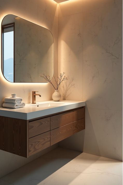 Space-efficient corner bathroom vanity with clever design features Powder Room With Floating Vanity, Diy Corner Vanity, Bathroom Floating Sink, Double Bathroom Vanity Ideas, Floating Sink Bathroom, Bathroom Vanity Floating, Bathroom Vanity Trends, Cramped Bathroom, Diy Bathroom Vanity Makeover