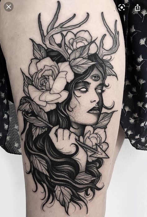 Huntress Tattoo, Artemis Tattoo, Mujeres Tattoo, Full Leg Tattoos, Tattoo Concepts, Greek Mythology Tattoos, Aries Tattoo, Witch Tattoo, Goddess Tattoo