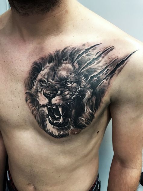 Lion Chest Tattoo Men Ideas, Lion Chest Tattoo Men, Lion Tattoo Chest, Lion Ripping Through Skin Tattoo, Lion Chest Tattoo, Ripped Skin Tattoo, Lion Shoulder Tattoo, Oni Tattoo, Lion King Tattoo