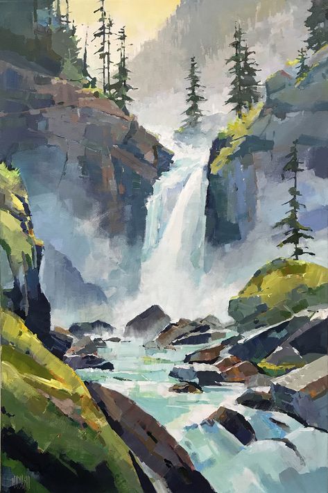 Randy Hayashi | Koyman Galleries Randy Hayashi, Rocky Waterfall, Cliff Art, Scenery Mountain, Waterfall Paintings, Waterfall Art, Landscape Paintings Acrylic, The Beauty Of Nature, Hidden Beach