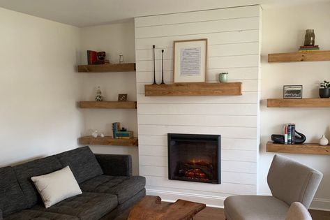 Beam Shelves, Shelves Around Fireplace, Rustic Wood Shelf, Floating Wood Shelves, Diy Floating Shelves, Wooden Beam, Diy Wood Wall, Shelf Vintage, Diy Wood Shelves