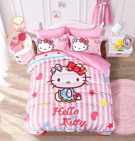 CASA 100% Cotton Kids Bedding Set Girls Hello Kitty Pink Duvet Cover and Pillow Cases and Fitted Sheet,4 Pieces,Full Cute Core Room, Hello Kitty Valentines, Pink Duvet, Pink Duvet Cover, Kids Bedding Sets, Full Duvet Cover, Hello Kitty Pink, Cute Core, Kawaii Room