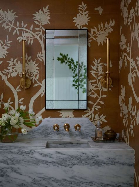 Powder Bath Wallpaper, Bath Wallpaper, Home Bathroom Decor, Floating Flowers, Bathroom Decor Ideas, Glass Front Door, Powder Bath, Casual Home, Home Bathroom