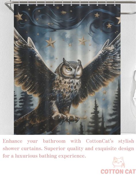 Mysterious Owl Shower Curtain - add a touch of mystery to your bathroom with this curtain. #OwlDecor #BathroomDesign #HomeDecor Shark Shower Curtain, Hot Air Balloon Shower, Animal Shower Curtain, Butterfly Shower Curtain, Rose Shower Curtain, Cat Shower Curtain, Cute Shower Curtains, Funny Shower Curtains, Mid Century Cat